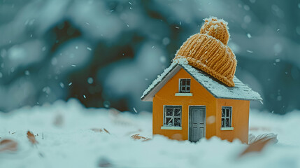 house in winter - heating system concept and cold snowy weather with model of a house wearing a...