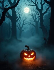 Scary halloween pumpkin in foggy forest. Scary halloween background