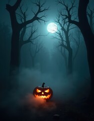 Scary halloween pumpkin in foggy forest. Scary halloween background