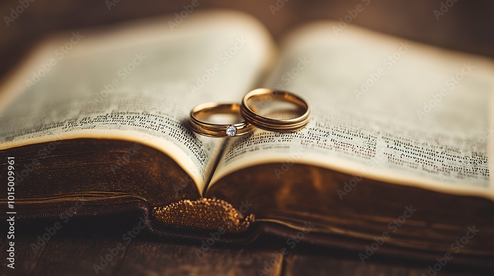 Wall mural A touching image of two wedding rings gently p on the pages of an open Bible, reminding us that a marriage rooted in faith can weather any storm and withstand the test of time 