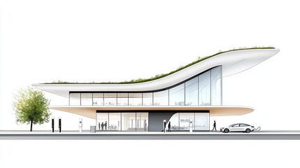 Sustainable Transportation Hub A modern transportation center with electric vehicle charging stations, bike racks, and green roofs