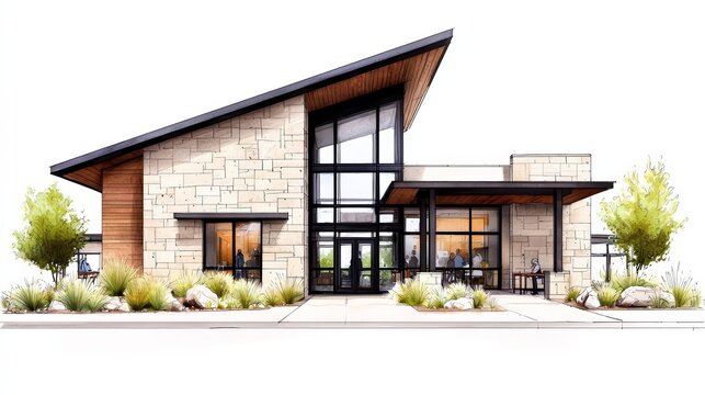 Sustainable Community Hub A modern community center designed for social gatherings, with natural building materials and energy-efficient lighting