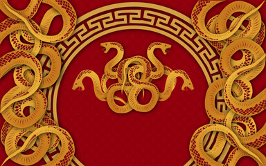Happy Chinese new year 2025 Snake Zodiac sign, with gold paper cut art and craft style on color background (Chinese Translation: happy new year 2025, year of Snake)