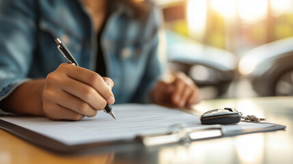 Close-up of a person signing a document in a car dealership