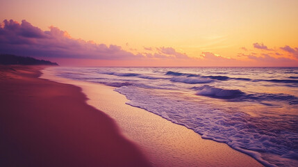Serene beach at sunrise with gentle waves washing the shore