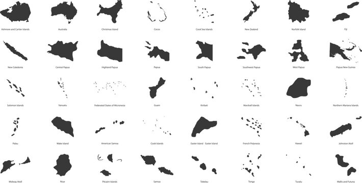 Subregions and countries of geopolitical Oceania. Australasia, Melanesia, Micronesia and Polynesia. Vector illustration