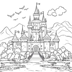 Obraz premium Simple Castle with Flags and Moat Illustration