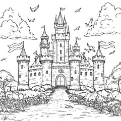 Fototapeta premium Simple Castle Surrounded by Moat and Flags