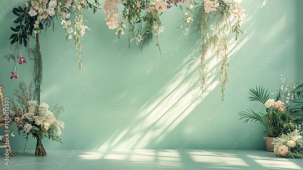 Wall mural wedding backdrop aesthetic flower decoration light green indoor minimalist studio background  