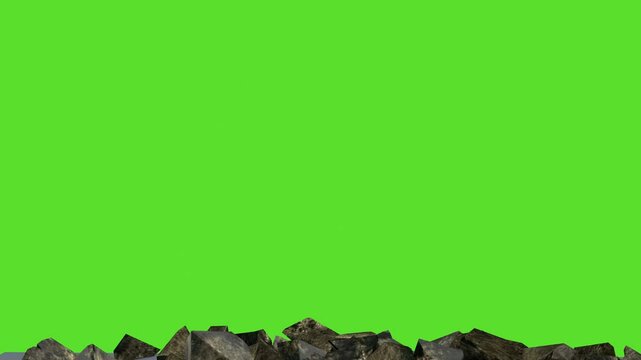 Collapsed black walls, large stones, explosion. 3D animation. Chroma key, green screen.