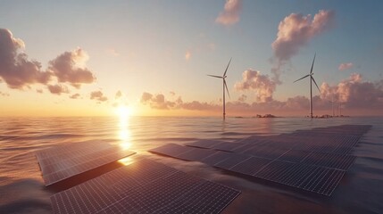 Solar panels and wind turbines generating renewable energy on the horizon.