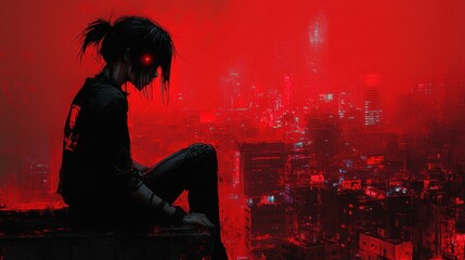 Fototapeta premium A lamprey-tailed punk character sitting on the edge of a rooftop, looking over a bustling neon-lit city