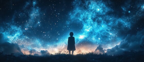 A lone Sami figure gazing up at a starry, blue-hued night sky, the dreamlike background complementing the character's contemplative expression