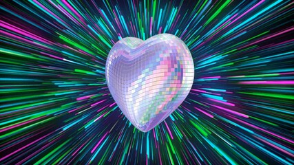Seamless looping 3D animation of colorful disco heart with glowing laser beams in the background. - Powered by Adobe