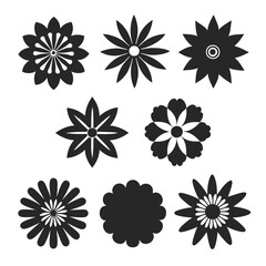 Set of floral vector icons in solid black silhouette style with geometric shapes and clean edges.
Geometric floral silhouette icons with bold petals, ideal for decorative elements and pattern designs