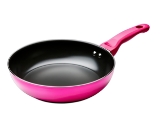 Pink frying pan with a non-stick surface, isolated on white background.