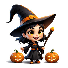 Cute Funny Witch Halloween Pumpkin Cartoon Character Isolated White Background PNG Spooky Adorable Magic