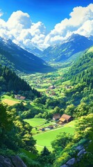 Fototapeta premium Mountain landscape with green meadows and blue sky. Anime style 