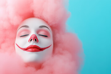 A woman with clown makeup smiling surrounded by pink clouds against a blue background