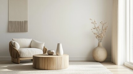 A cozy living room features a light, airy atmosphere with a comfortable chair, round wooden coffee table, and decorative vases