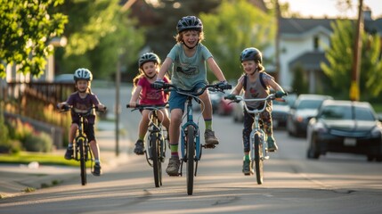 Children riding bikes on a suburban street