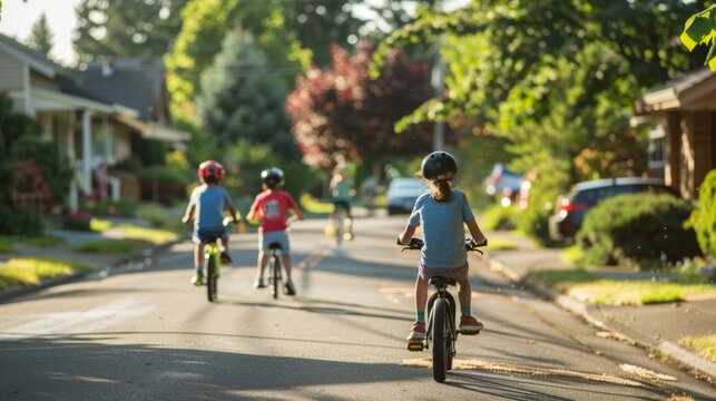 Children riding bikes on a suburban street