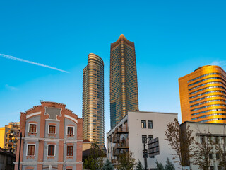 Old houses and modern skyscrapers in Shanghai, China