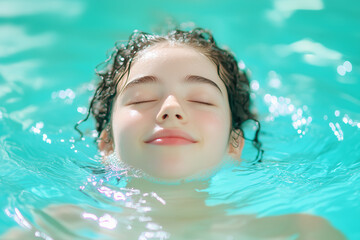 Young girl enjoying a tranquil moment while floating in a clear blue swimming pool during summer
