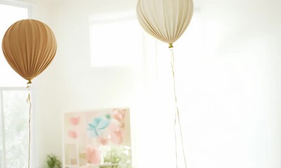 Minimalist white room with delicate heart shaped paper balloons. - Powered by Adobe