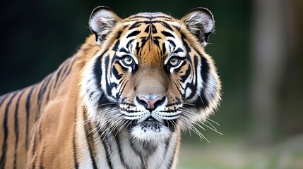 Fototapeta premium A striking close-up of a tiger is face, revealing its intense gaze and detailed fur patterns. The rich colors and focused depth create a dramatic and captivating image that draws the viewer in,
