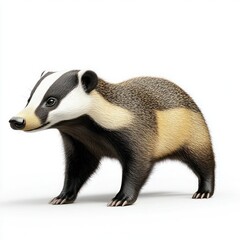 European Badger Standing in Side View on White Background