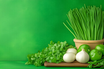 Fresh herbs and vegetables arranged on a wooden surface against a vibrant green backdrop