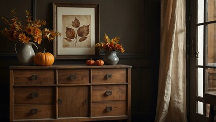 Poster of a vintage interior with a wooden sideboard and autumn decor.