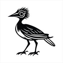 Stylized Black and White Bird Illustration with Bold Line Art and Geometric Feather Details
