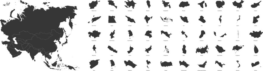 States of Asia. List of states and dependent territories in Asia. Vector illustration