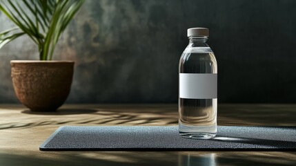 Obraz premium A mockup of a stylish water bottle with a blank label, placed on a fitness mat, ideal for health and fitness branding