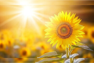 Fototapeta premium Beautiful Yellow Sunflower in Bloom with Blurred Field Background - Bright, Cheerful Floral Nature Photography with Bokeh Effect