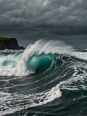 Fototapeta premium Powerful waves crashing against rugged cliffs.