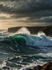 Fototapeta premium Powerful waves crashing against rugged cliffs.