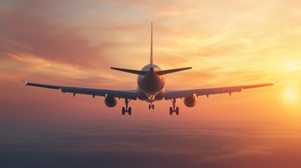 Airplane taking off into the sunset