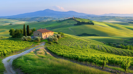 Naklejka premium Classic Tuscany Landscape With Rolling Green Hills and Charming Farmhouse