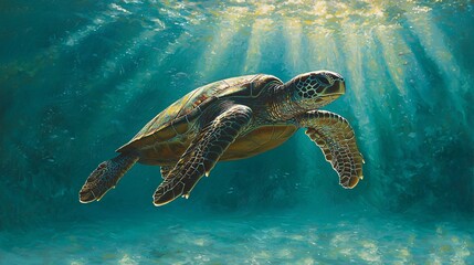 Fototapeta premium Sea Turtle Swimming in Sunbeams.