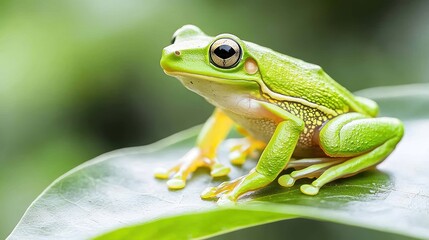 Obraz premium A striking close-up of a vibrant green tree frog perched on a glossy leaf, showcasing its intricate skin texture and vivid colors. The background features a softly blurred rainforest setting,