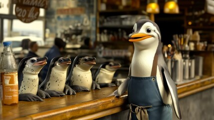 Penguin Barista: A charming penguin bartender stands proudly behind the counter of a rustic bar, surrounded by his adorable penguin colleagues.  A whimsical scene perfect for cafes, restaurants.