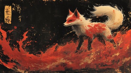 A fox Yokai with multiple tails glowing in the night, walking gracefully through an abandoned field, captured from a side angle to highlight its elegance and power Combinations Intricate red 