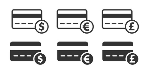 Credit card icons with currency symbols (dollar, euro, pound), representing financial transactions. Vector illustration.