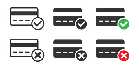 Credit card icons with checkmark and cross, representing approved and declined transactions. Vector illustration. © Burbuzin