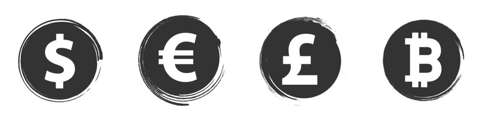 Set of currency icons (dollar, euro, pound, bitcoin) inside circular brush strokes, representing financial concepts. Vector illustration.