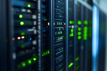 Server Rack with Green Lights Abstract Background