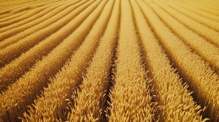 A drone shot of barley fields with perfectly aligned rows, stretching out under a clear sky.